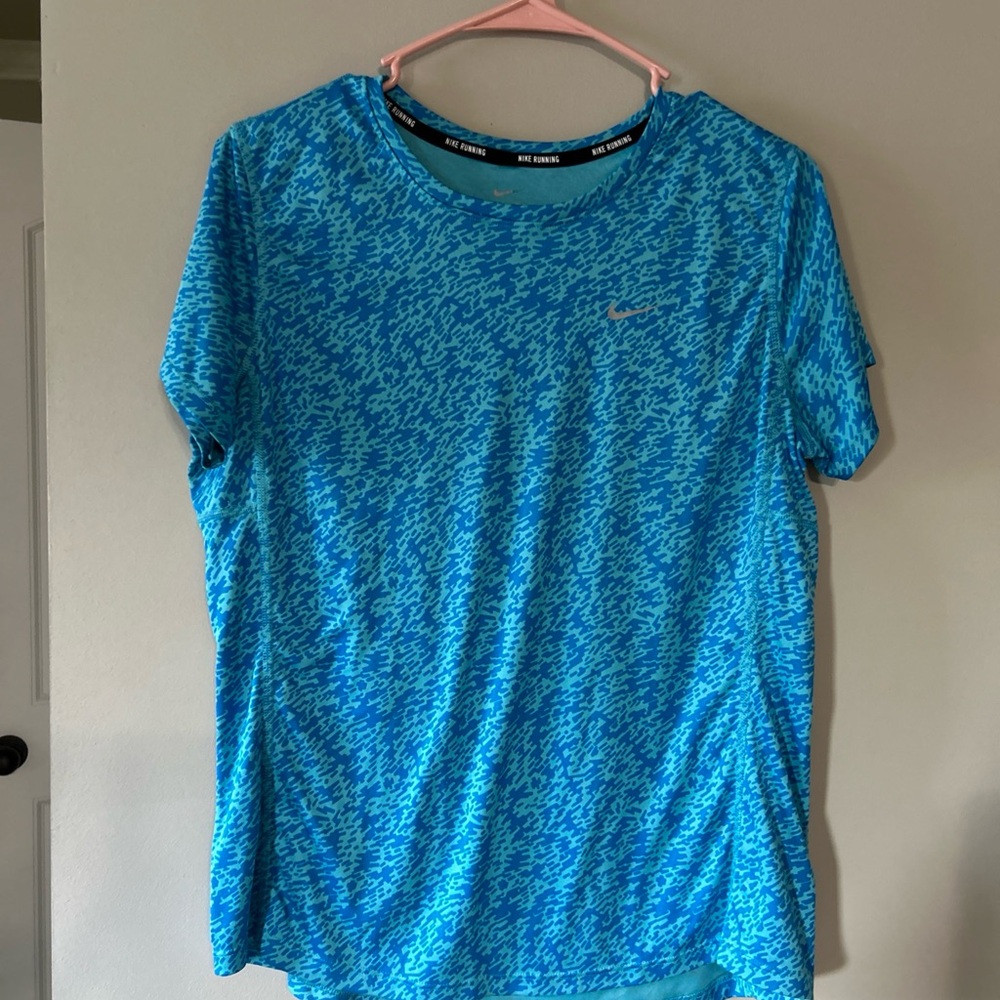 Nike Blue and Teal Patterned Dri fit Athletic Top Sz L